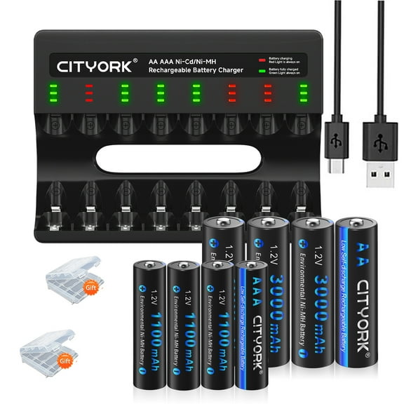 4 Pack AAA 1100mAh Batteries and 4 Pack AA 3000mAh Batteries with High Capacity Low Self Discharge 1.2V Ni-MH Rechargeable Batteries with 8 slot bAA AAA LCD Smart 1.2v NiMH/NiCd Charger,Fast Charger