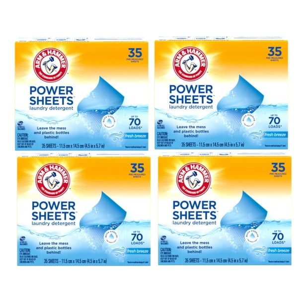 4 Pack ARM & HAMMER Power Sheets Laundry Detergent, Fresh Breeze 35