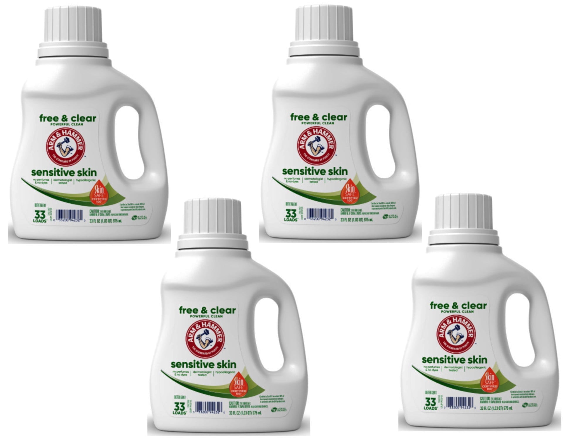 Arm & Hammer Sensitive Skin Liquid Laundry Detergent, Free & Clear, 33 Loads, 33 fl oz (Pack of 4)