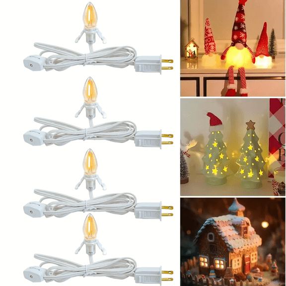 4 Pack Accessory Cord with LED Night Light Bulbs - White Cord with On/Off Switch Plugs - C7 led Bulb Warm White with Spare Fuse, for Holiday Decoration and Craft Village House Decoration