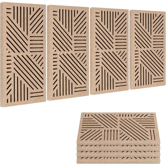 4 Pack Acoustic Wall Panels - Professional Self-Adhesive Sound Absorbing Slotted Cavity Panels for Enhanced Audio Clarity - High-Density Soundproofing for Home Office, Studio, Gaming & Gym-Brown