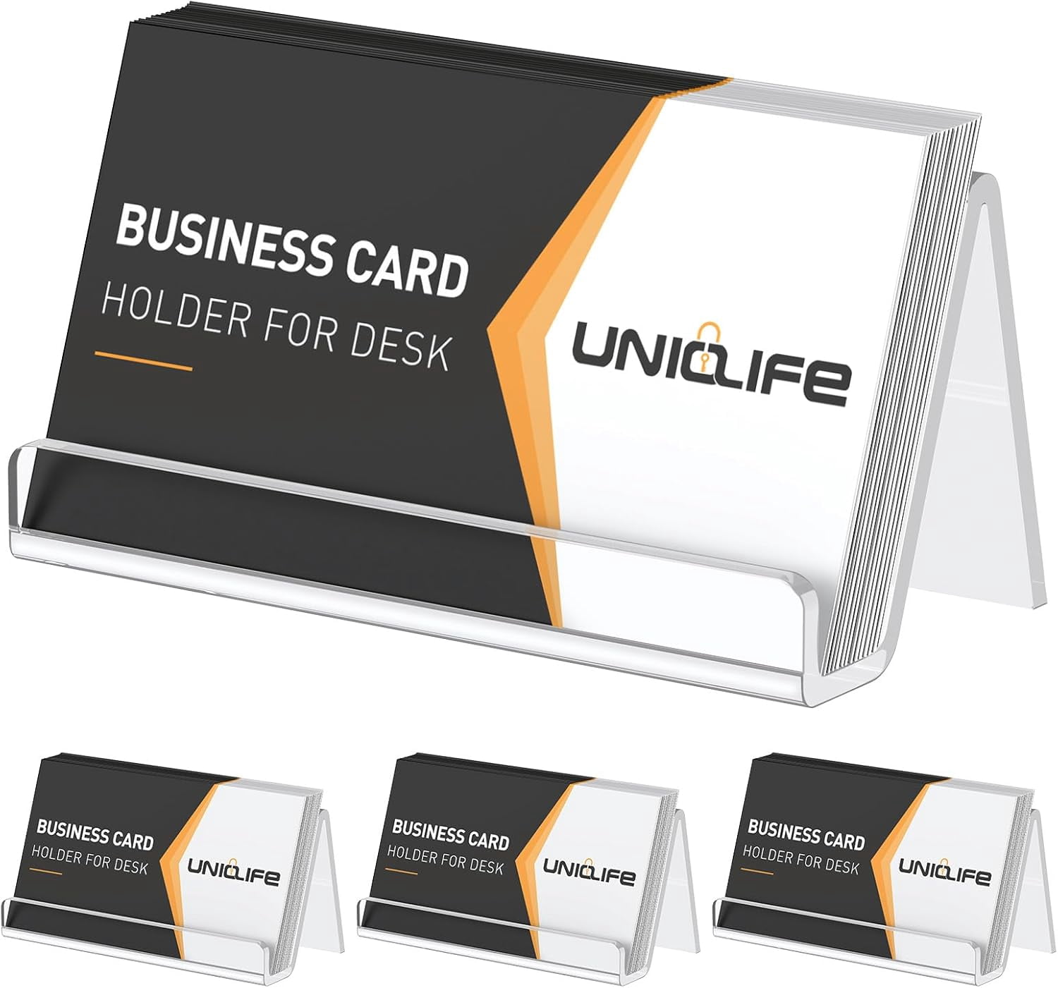 4 Pack Acrylic Business Card Holder for Desk, 3.5" x 1.9" 2", Clear Horizontal Display Stand, Desktop Organizer Office, Index Holder, 50 Capacity