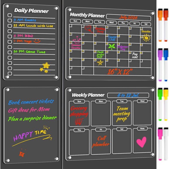 4 Pack Acrylic Calendar for Fridge, 2026 Magnetic Refrigerator, 16"x12" Dry Erase Whiteboard Planning Board Monthly Weekly Wall Fridge Menu Planner with 8 Markers