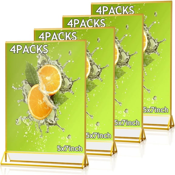 4 Pack Acrylic Sign Holder,5X7 Clear Acrylic Frames Display Stand,Gold Picture Frames,Double Sided Table Menu Holders Display for Wedding Table Number, Restaurant Recipe, Photo (5X7 Inch)