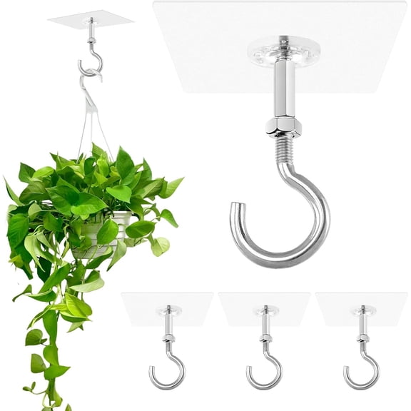 4 Pack Adhesive Ceiling Hooks, 11lbs Ceiling Hooks Heavy Duty for Hanging Plants, No Drill Ceiling Hanger, Stick On Hooks for Lights, Lanterns, Wind Chimes