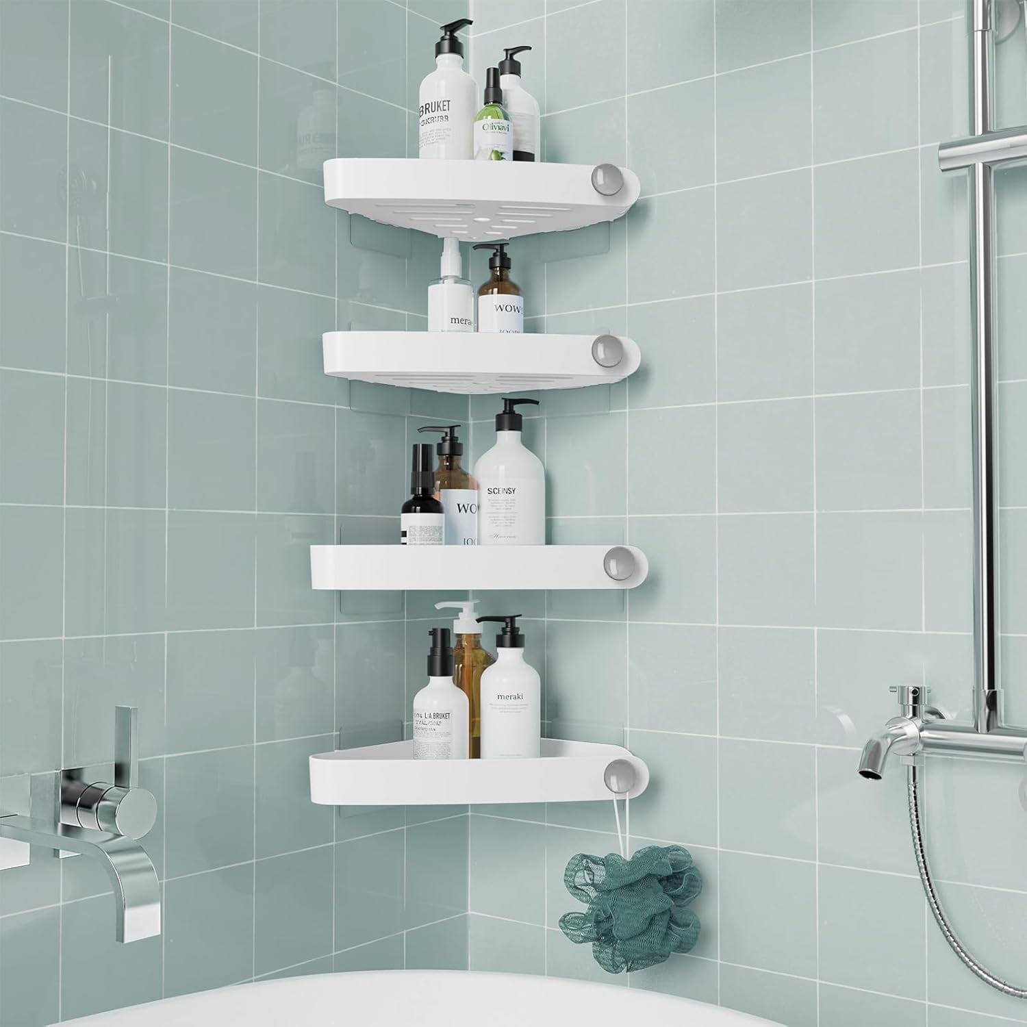 4-Pack Adhesive Corner Shower Shelves, Rust-Free Plastic Bathroom ...
