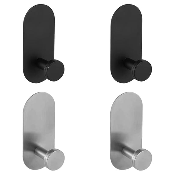4 Pack Adhesive Towel Hooks No Drill Stainless Steel Wall Hangers, Black and Silver Hooks for Bathroom Kitchen, Heavy Duty Wall Mounted Hooks for Towels, Robes, and Keys