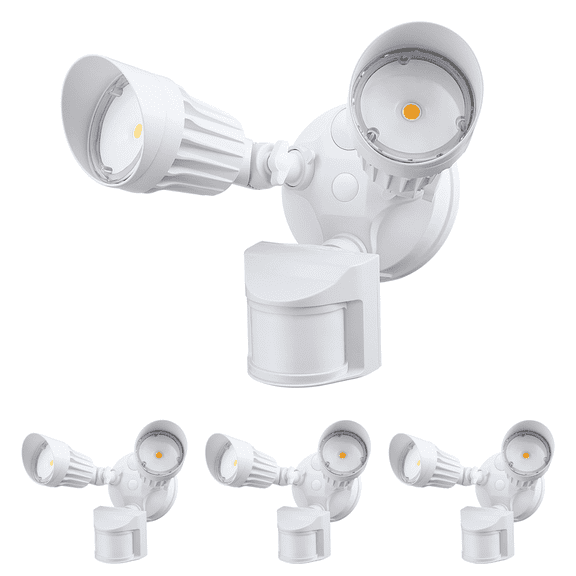 4 Pack Adjustable 2-Head Outdoor COB LED Security Light, Motion Sensor Floodlight, 3 Modes (Motion Detection + Dusk to Dawn + Switch Control), 100-277V, IP65 Waterproof, 5000K Daylight, White