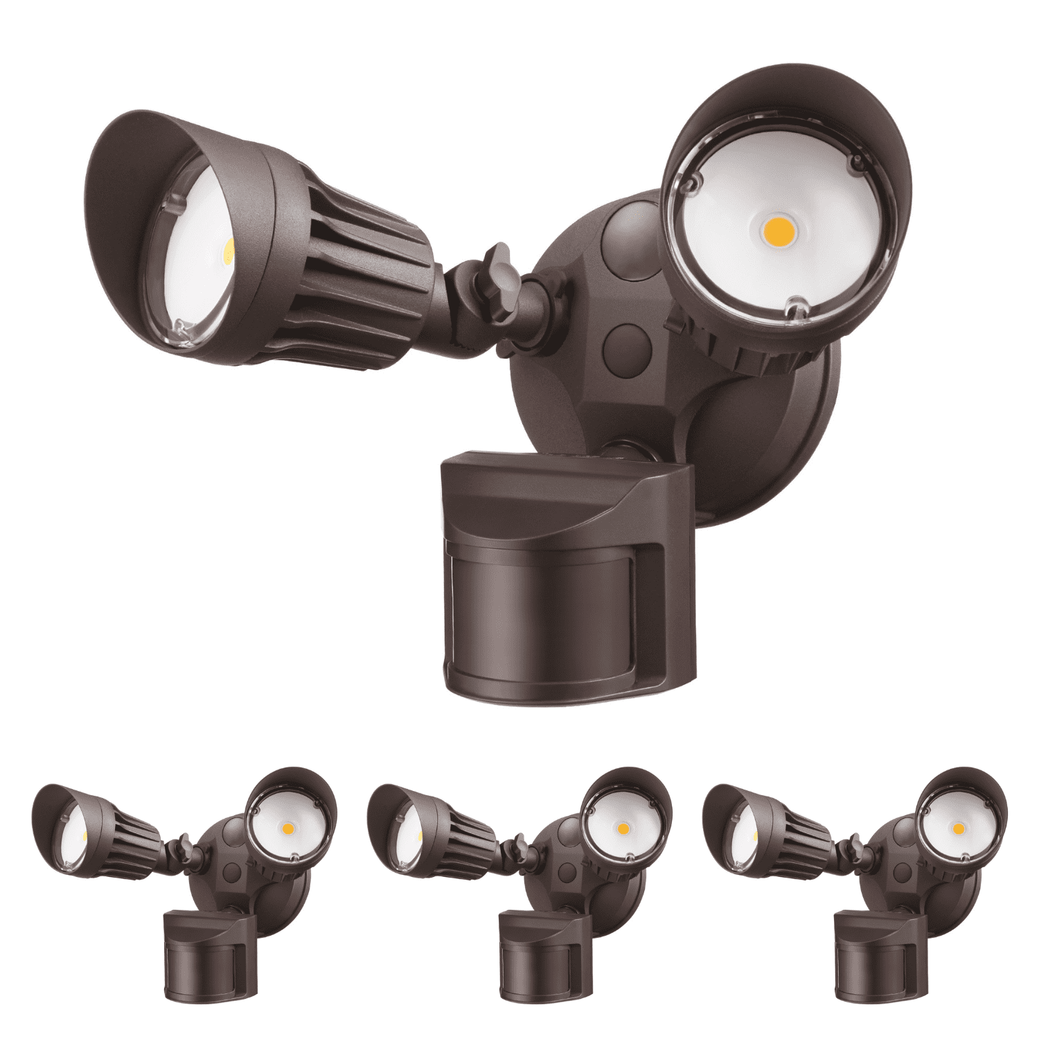 4 Pack Adjustable 2-Head Outdoor COB LED Security Light, Motion Sensor Floodlight, 3 Modes (Motion Detection + Dusk to Dawn + Switch Control), 100-277V, IP65 Waterproof, 5000K Daylight, Bronze