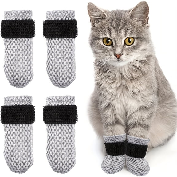 4-Pack Adjustable Anti-Scratch Cat & Dog Boots - Non-Slip Mesh Paw Covers with Elastic Straps, Durable Nylon Pet Socks for Nail Trimming, Bathing & Furnitur