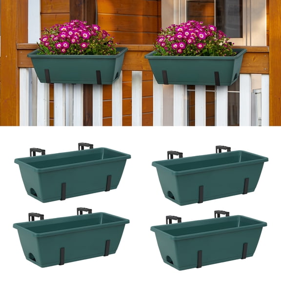 4 Pack Adjustable Deck Railing Planter Boxes, Green Window Boxes with Brackets, Weatherproof Hanging Flower Pots for Balcony, Patio, Porch