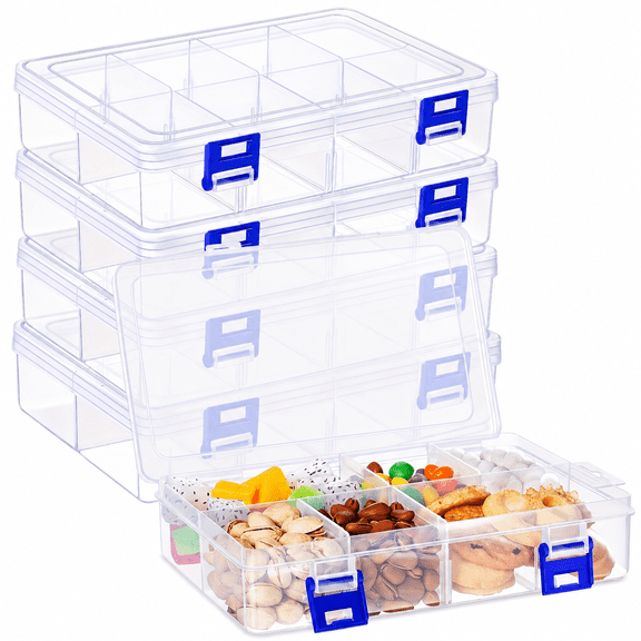 4-Pack Adjustable Divider Boxes, 8-Compartment Snack Container Organizer with Removable Grids, Reusable Plastic Storage Case for Nuts, Candies, Trail Mix and Small Items, 7.76 x 5.12 x 1.81 Inches
