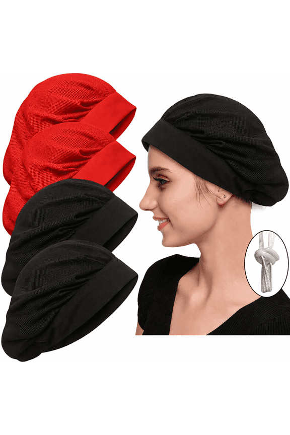 Chef Hat Mesh Breathable 4 pack Black Red Drawstring Reusable Washable Kitchen Restaurant Hotel