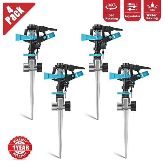 4 Pack Adjustable Impact Lawn Sprinklers with Zinc Alloy Spike Base - Water Sprinkler Head for Large Patio Garden Areas