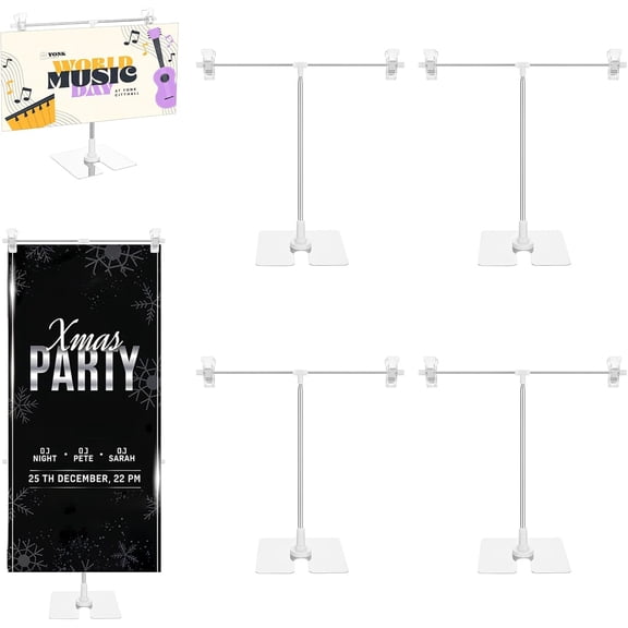 4 Pack Adjustable Metal Banner Holder Table Top Banner Display Poster Stand T Shaped Stand Desktop Business Poster Holder Advertising Display Sign for Indoor Outdoor Store Board