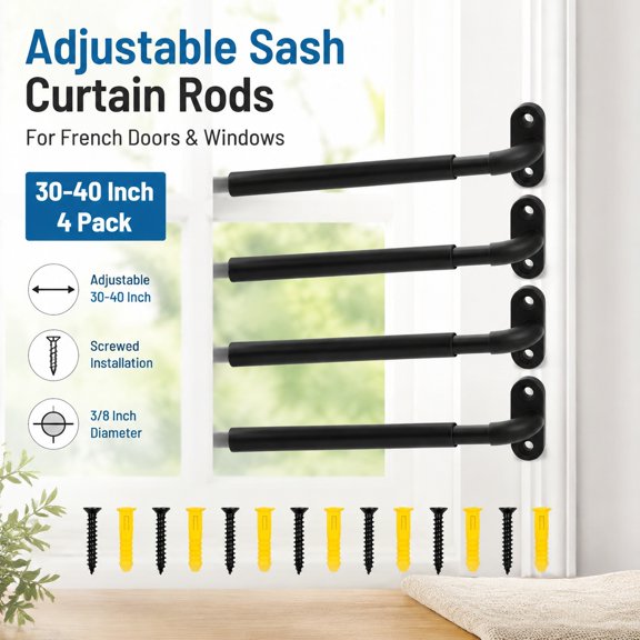 4 Pack Adjustable Sash Curtain Rods 30-40 Inch, 3/8 Inch Diameter, Black French Door Curtain Rods Set