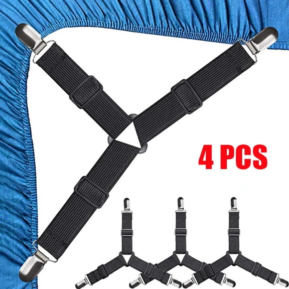 4-Pack Adjustable Sheet and Duvet Tuck-In Clips Triangle Bed Sheet Fasteners, Adjustable Elastic Sheet Straps, Non-Slip Clips for Mattress Covers, Sofa Cushions, Black