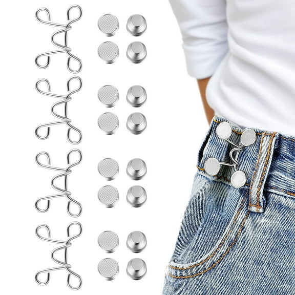 4-Pack Adjustable Waistband Tighteners - No Sew Solution for Pants, Jeans and Skirts - Silver