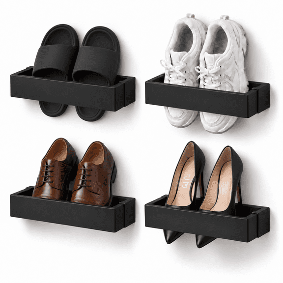 4-Pack Adjustable Wall-Mounted Shoe Racks, No-Drill Self-Adhesive Shoe Holders for Doors, Entryways, Bedrooms and Closets, Black