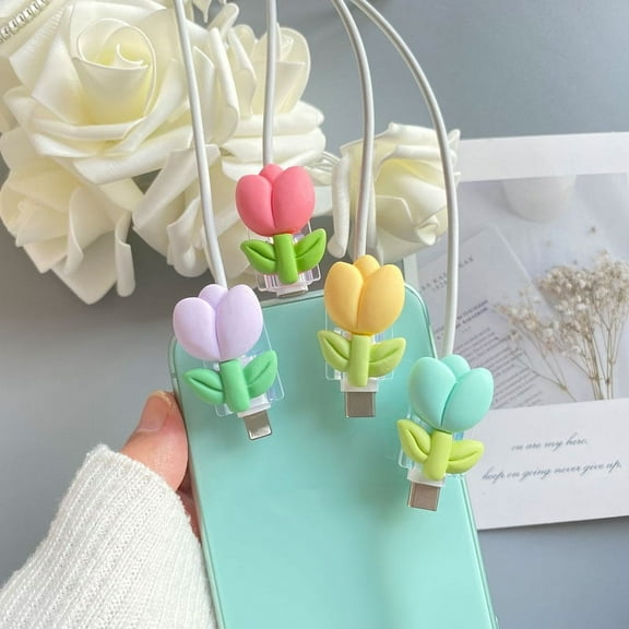 4-Pack Adorable 3D Silicone Charging Cable Protectors with Gradual Color Change Effect - Charger Cord Organizers and Line Management Accessories - No Battery Required, Easy to Use, and Durable