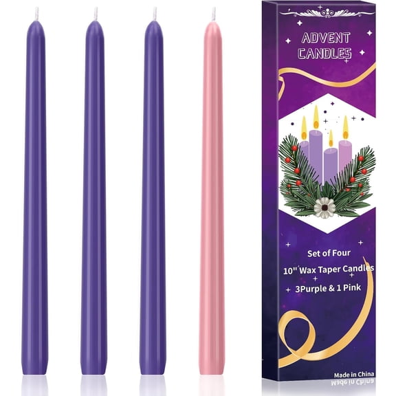 4 Pack Advent Taper Candles Set, 10-Inch Premium Hand-Dipped Unscented Christmas Advent Candles - Perfect for Holidays, Seasonal Celebrations, Church Services, and Parties.