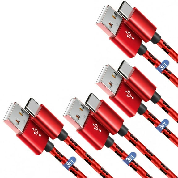 Afflux 4 Pack USB-A to USB-C Fast Charger Braided Type C Cable Compatible with iPhone 17 / 16 / 15 Pro Max Plus Air, Samsung Galaxy S25 S24 S23 Ultra, Google Pixel, iPad Pro, Universal (3ft, Red)