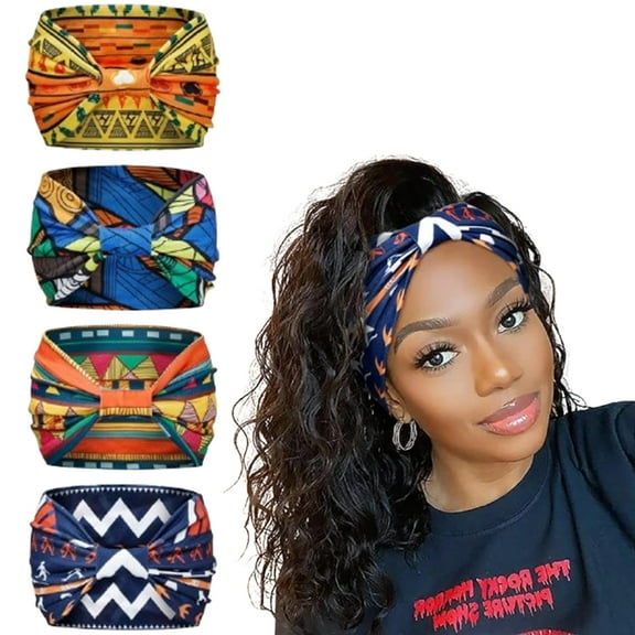 4-Pack African Print Headbands | Non-Slip Wide Elastic Hair Bands | Boho & Sport Headwrap | for Yoga, Workout, Daily Wear