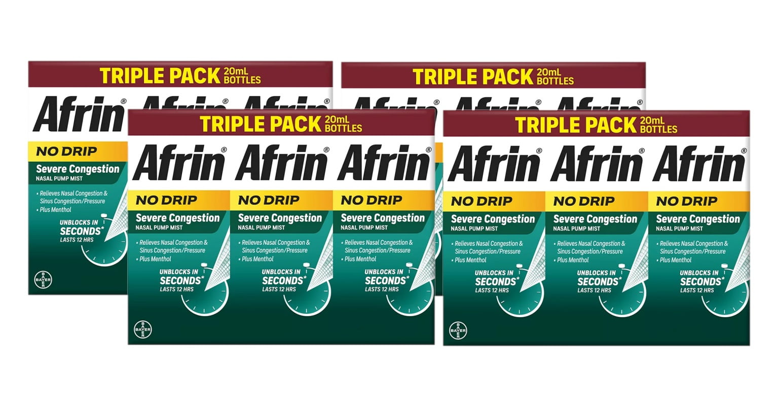 4 Pack Afrin NoDrip Severe Congestion 12 Hours Nasal Spray, 3x20mL