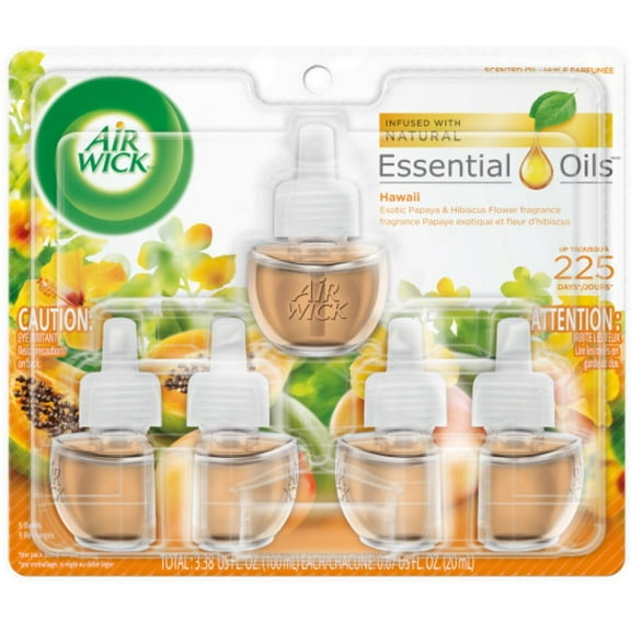 4 Pack - Air Wick Scented Oil Refill, Hawaii Exotic Papaya & Hibiscus Flower, 5 refills (5x.67) oz