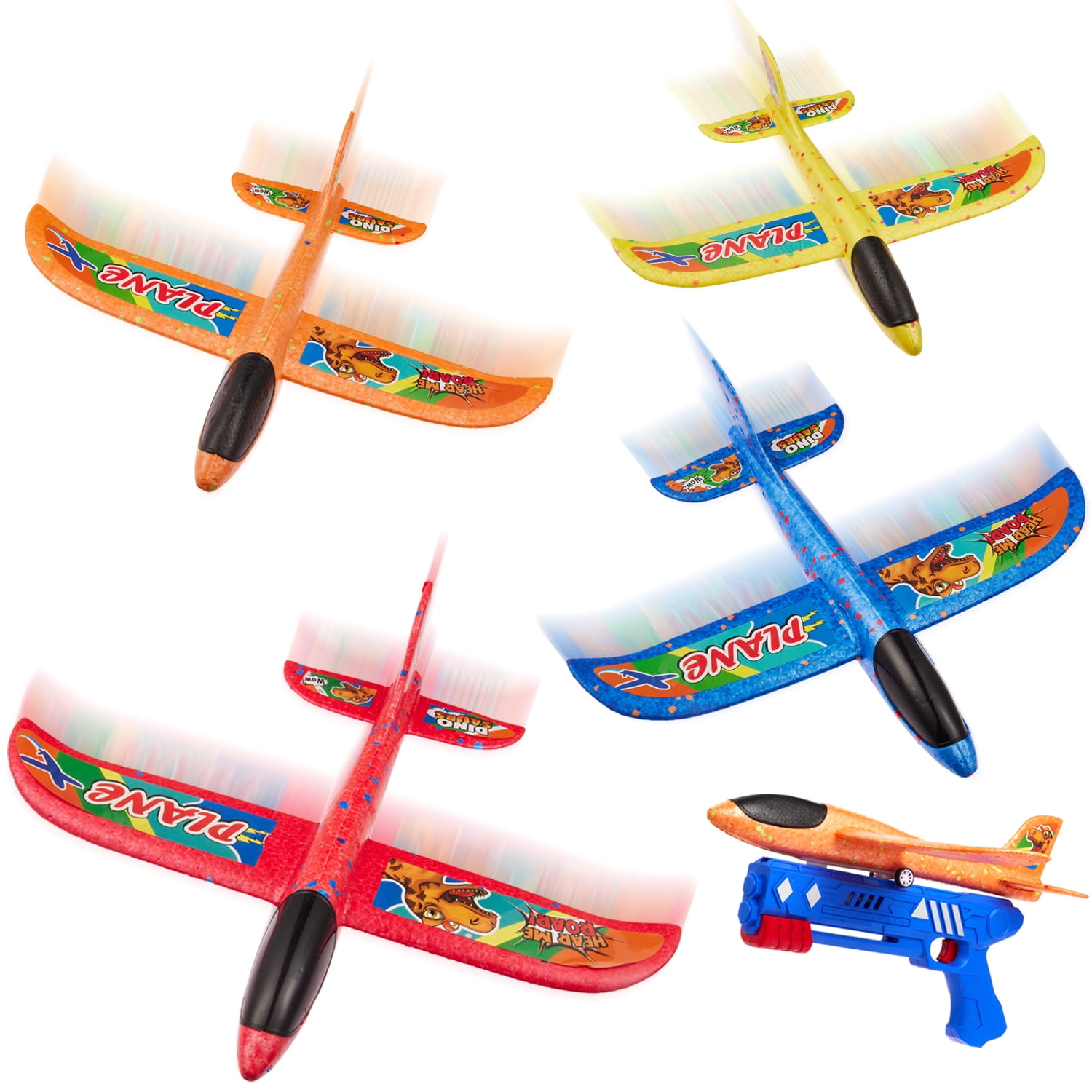 Lictin 4 Pack Airplane Launcher Toys, Catapult Plane with Dinosaur Stickers for Boys, Foam Glider Airplane Toy, Outdoor Flying Toys Gift for 3-12 Years Old Kids