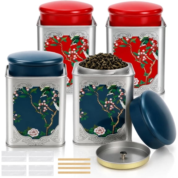 4 Pack Airtight Tin Canister, 38 OZ Tinplate Empty Loose Box, Chinese Style Jar with Double , Matcha Tin Containers, Square Coffee Canisters for Candy Nut Kitchen