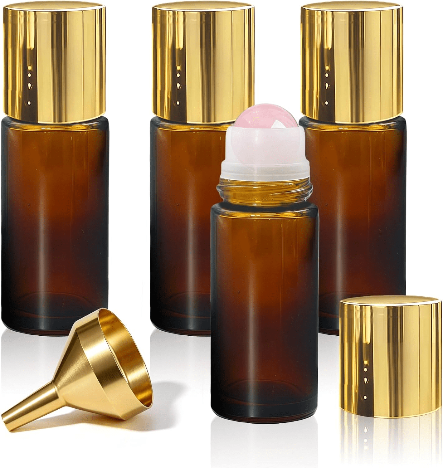 4 Pack Amber Glass Essential Oil Roller Bottles – 50ml Rose Quartz Roll On Bottles with Crystal Roller Balls, Leak-Proof Refillable Perfume Containers with Gold Caps for DIY & Travel