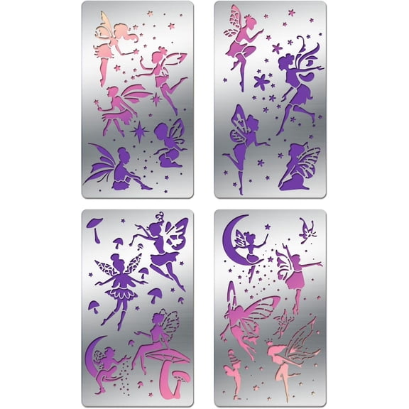 4 Pack Angel Fairy Pattern Stencil Template 4x7 Inch Star/Mushroom Metal Embossing Stencil Template for Making Photo Decorative Paper Scrapbooking Embossing Card for DIY