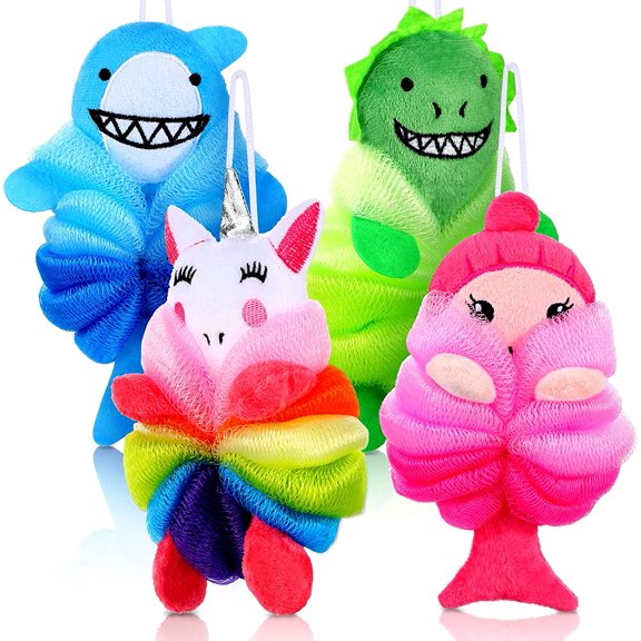4 Pack Animal Bath Loofahs for Kids, Cute Shark Dinosaur Unicorn and Mermaid Shower Sponges, Soft Mesh Bath Poufs for Daily Bath and Shower