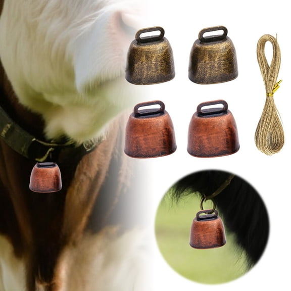 4 Pack Animal Bells with Hemp Rope, Loud Bronze Cowbells for Cattle, Horses, Goats & Sheep, Anti-Lost Grazing Bell for Farm Pets, Also for Christmas Decoration and Festive Noise Makers