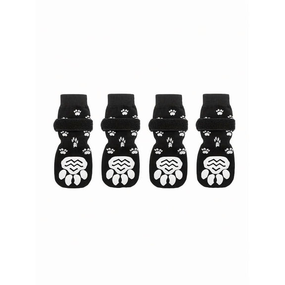 4-Pack Anti-Slip Pet Socks With White Paw Print, Black L Size
