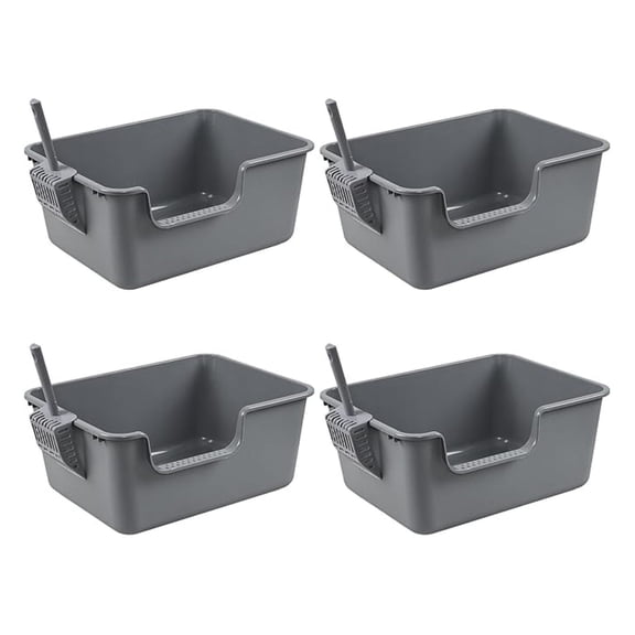 4-Pack Anti-Splashing Kitty Litter Box with , Plastic Open High Sided Cat Litter Box, Gray