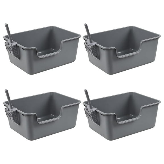 4-Pack Anti-Splashing Kitty Litter Box with , Plastic Open High Sided Cat Litter Box, Gray