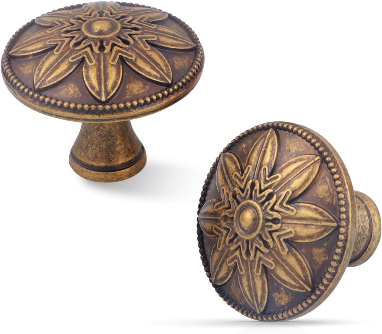 4 Pack Antique Brass Cabinet Knobs Vintage Dresser Drawer Knobs,1.4" Round Kitchen Handles for Cabinets and Drawers Rustic