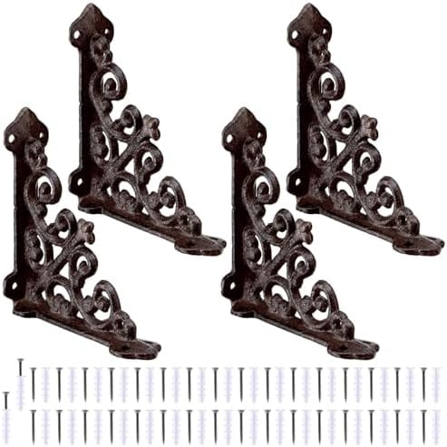 4 Pack Antique Style Small Cast Iron Brackets Wall Mount Shelf 3 7/8" x 3 7/8" Decorative Wall Bookshelf Brackets Heavy Duty Victorian Style Shelf(Iron Gray)