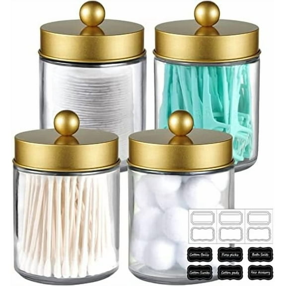 4 Pack Apothecary Jars Bathroom Vanity Storage Organizer Set -Countertop Canister with Stainless Steel Lids &Cute Stickers - Qtip Dispenser Holder for Qtips,Cotton Swabs,Makeup Sponges(Gold)
