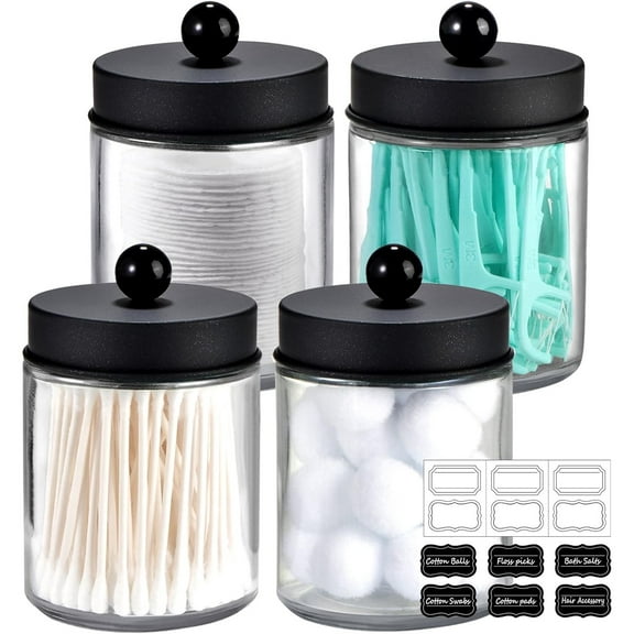 4 Pack Apothecary Jars Bathroom Vanity Storage Organizer Set -Countertop Canister with Stainless Steel Lids &Cute Stickers - Qtip Dispenser Holder for Qtips,Cotton Swabs,Makeup Sponges(Black)