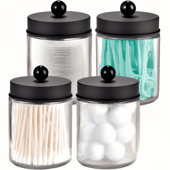 4 Pack Apothecary Jars Bathroom Vanity Storage Organizer Set -Countertop Canister with Stainless Steel Lids &Cute Stickers - Qtip Dispenser Holder for Qtips,Cotton Swabs,Makeup Sponges(Black)