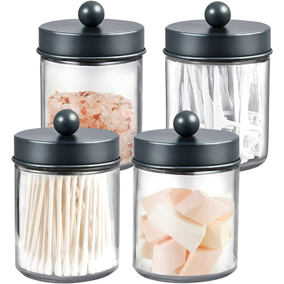 4 Pack Apothecary Jars Bathroom Vanity Storage Organizer Set -Countertop Canister with Stainless Steel Lids &Cute Stickers - Qtip Dispenser Holder for Qtips,Cotton Swabs,Makeup Sponges (Grey)