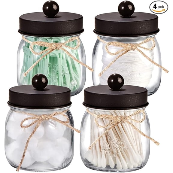 4 Pack Apothecary Jars with Lids, Bathroom Organizers and Storage, Holders Set, Bathroom D r, Small Mason Jars for Q-tips, Cottons, Floss, Balls, Cotton Swabs-Bronze