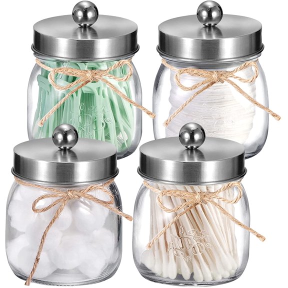 4 Pack Apothecary Jars with Lids, Bathroom Organizers and Storage, Qtip Holders Set, Bathroom Decor, Small Mason Jars for Q-tips, Cottons, Floss, Balls, Cotton Swabs-Brushed Nickel