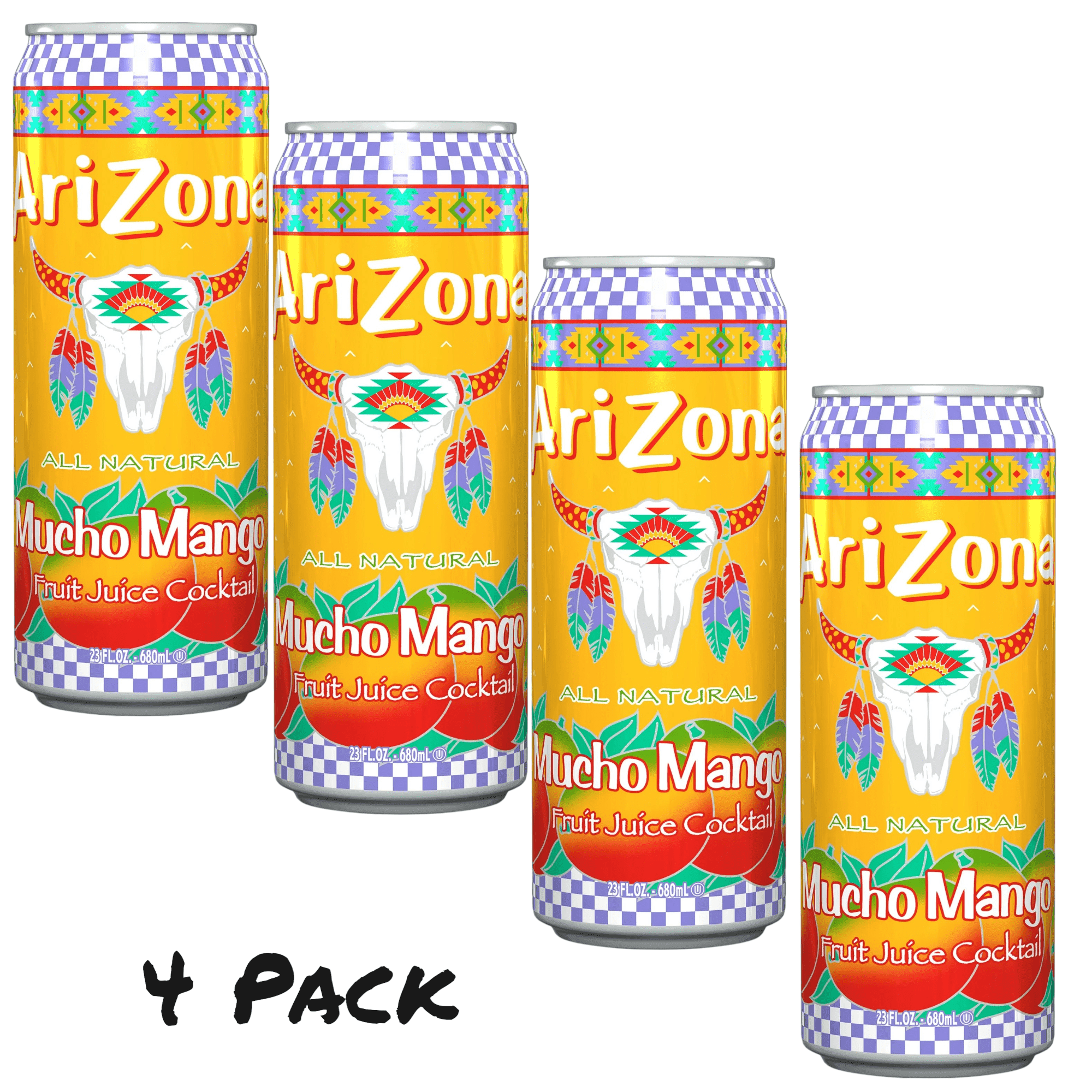 AriZona Mucho Mango Fruit Juice Cocktail, 22 fl oz Can, 4 Pack, Pulp-Free,  Tropical Flavor