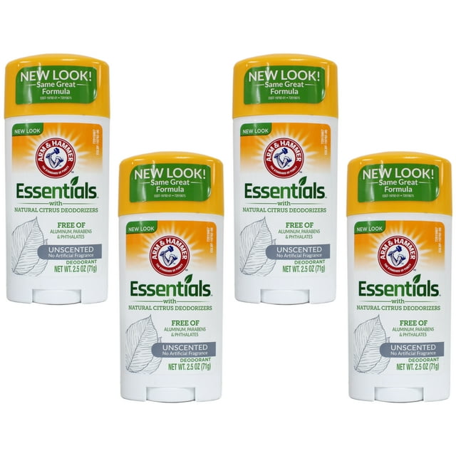 4 Pack Arm & Hammer Essentials Deodorant Solid, Unscented 2.5 Ounce