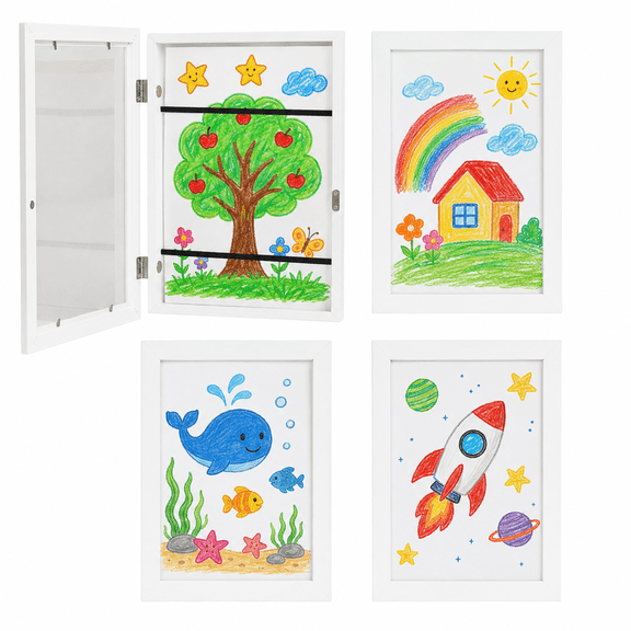 Storvive 4 Pack Art Frames, 8.27" x 11.69" Magnetic Front Opening Artwork Frames, Changeable Picture Storage Frames, Crafts Painting Art Display, White