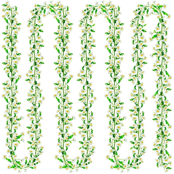 4 Pack Artificial Daisy Flowers Vine, 27.2 Ft Silky Artificial Garland with White Daisy and Vine Floral Garlands Decoration for Room Wall, Flower Themed Party, Wedding Supplies C91